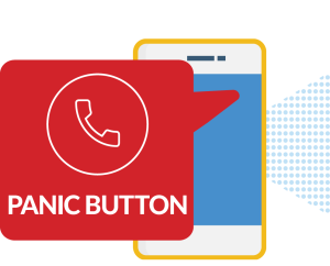 Panic button icon - a red square over a cell phone with the words "panic button" spelled out