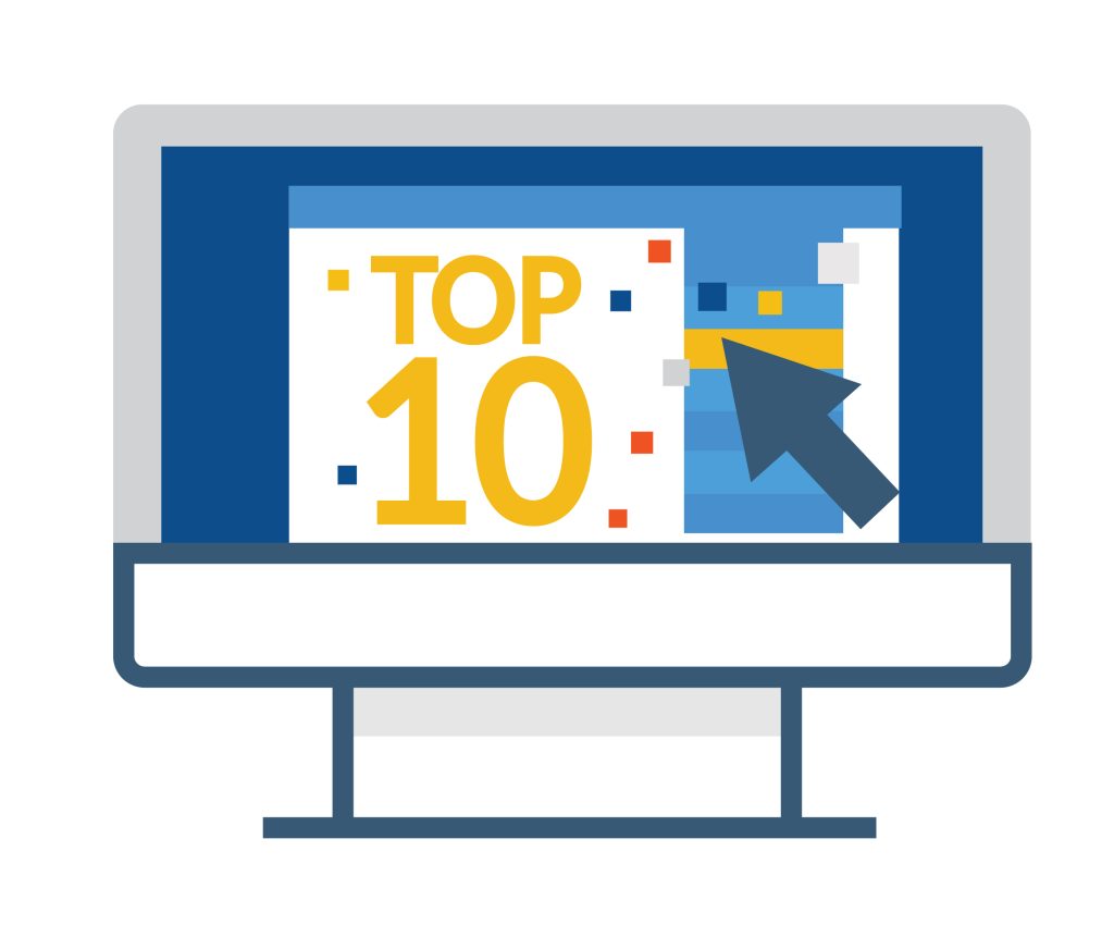 an illustrated computer monitor with a large arrow superimposed to the right and the words "Top 10" in gold lettering on the left side.