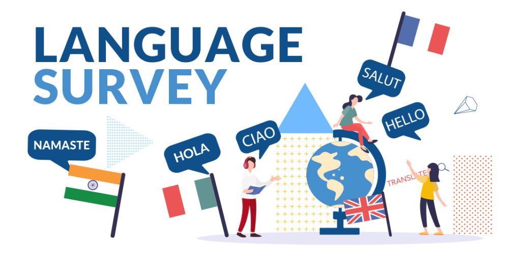 Language Survey - a picture with flags of countries across the world with the world "hello" in multiple languages