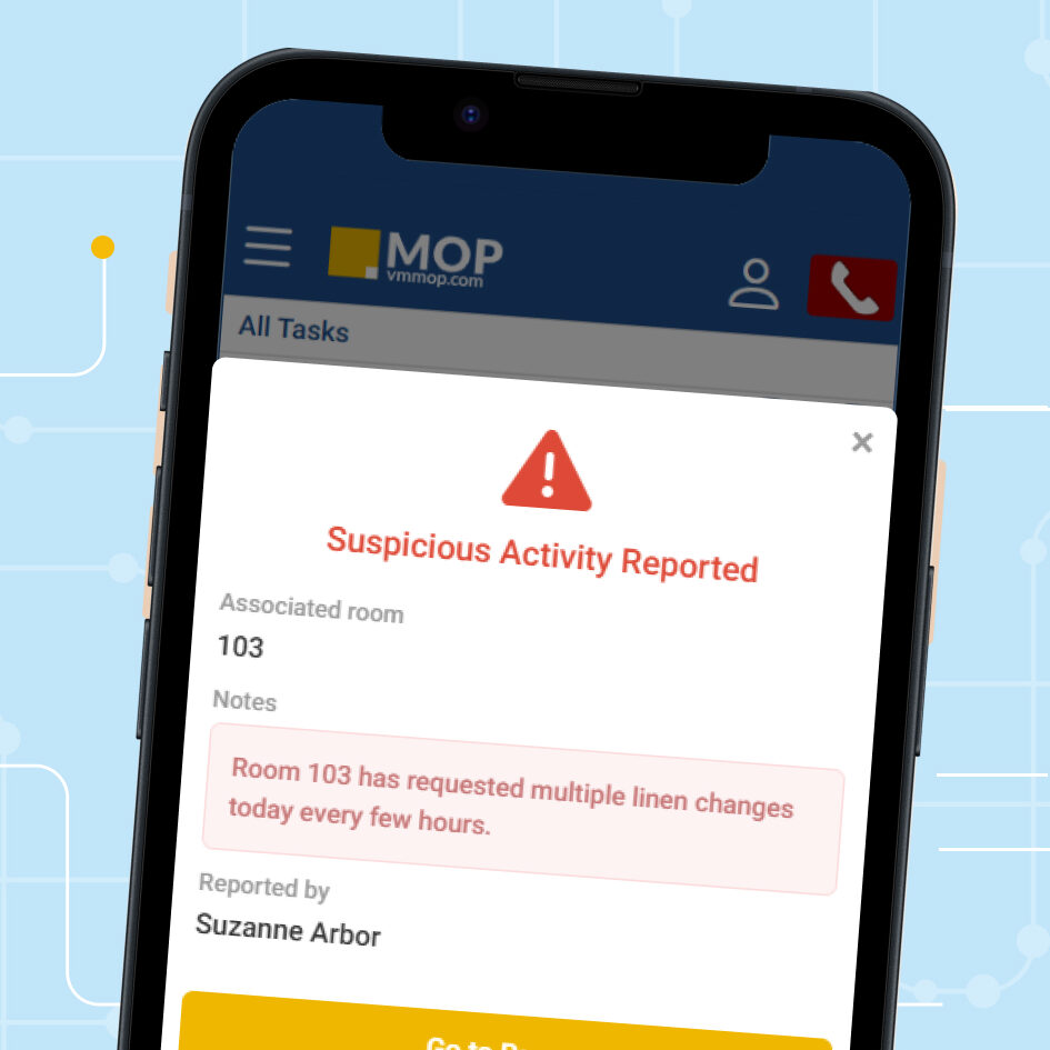 MOP On-Property Alerts — Suspicious Activity Reported screen