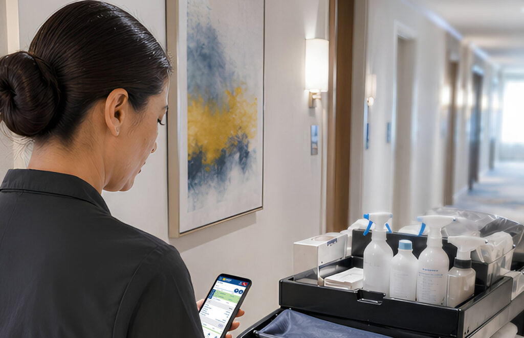 Housekeeper Using the Mop housekeeping and maintenance Tool that works with Choice Hotels software.