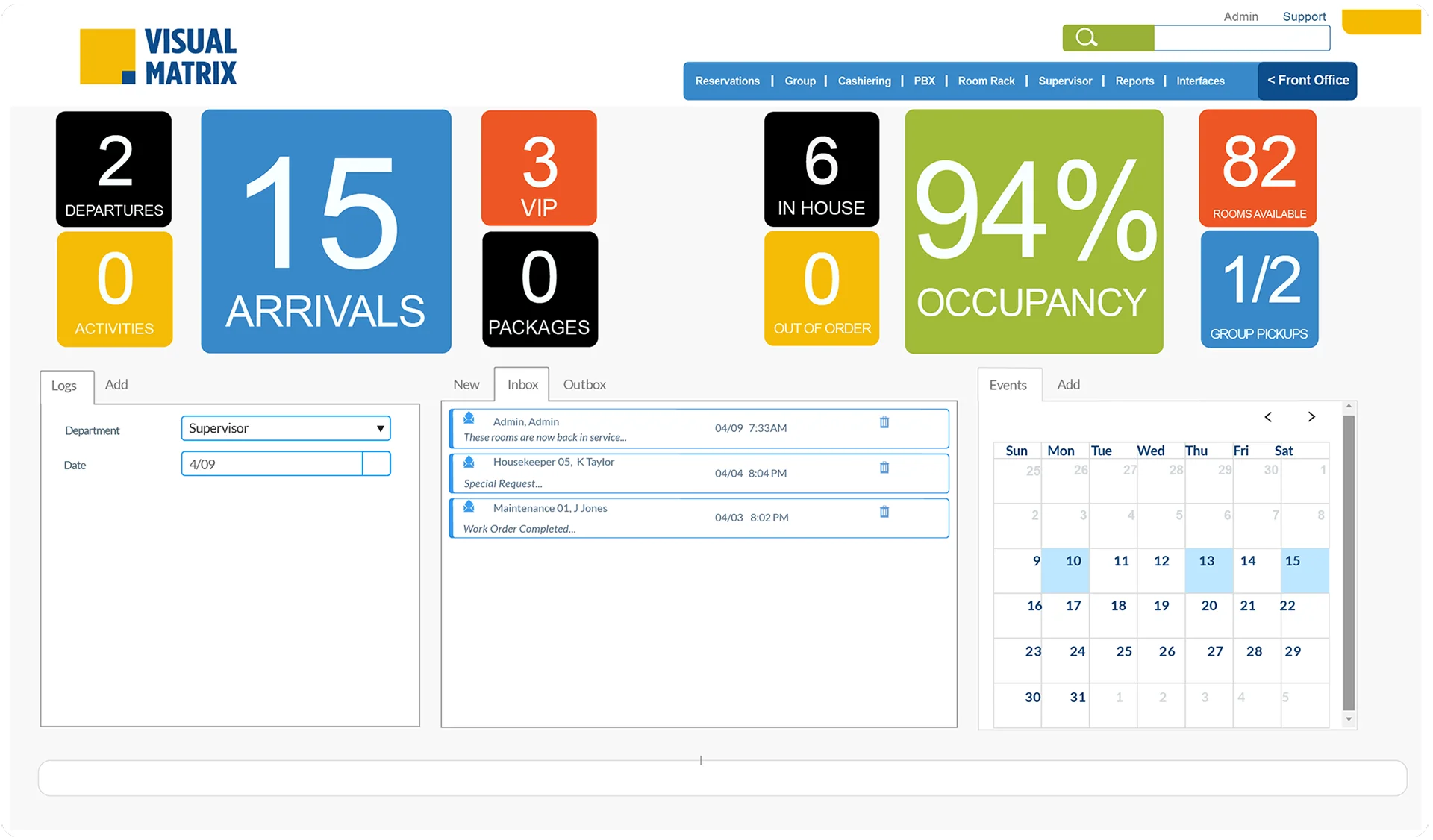 Cloud hotel PMS dashboard from Visual Matrix showing arrivals, occupancy, and room status