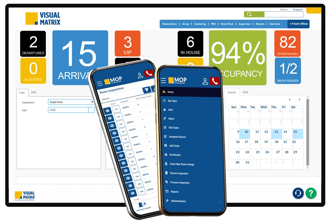 Visual Matrix Cloud PMS desktop dashboard and MOP mobile app screens showing arrivals, occupancy, and housekeeping tasks